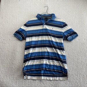 Tommy Hilfiger Striped Polo Shirt White / Blue Colorblock Men Sz M Preppy Golf